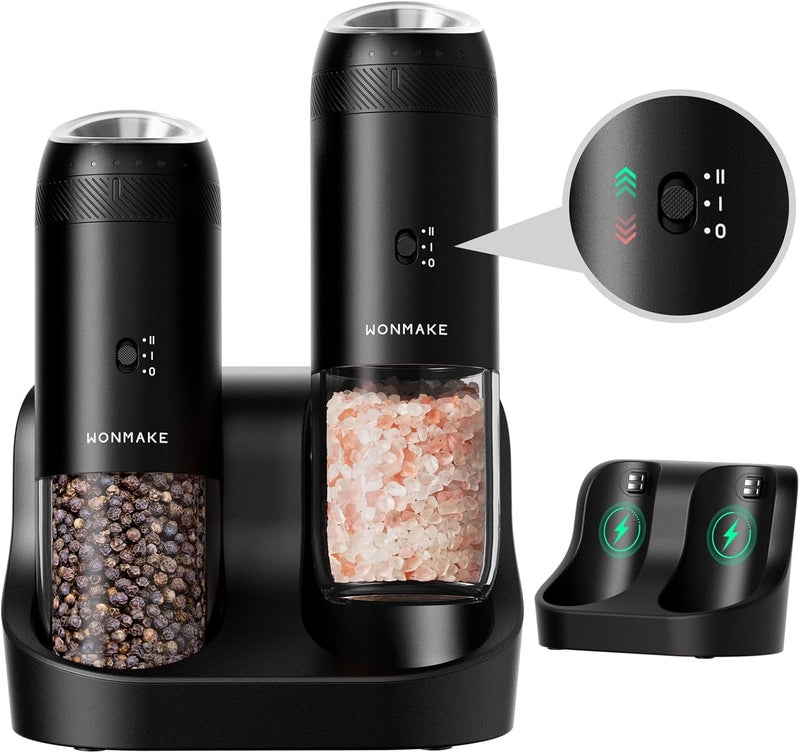 WONMAKE Gravity Electric Salt and Pepper Grinder Set with Charging Base, Automatic Salt and Pepper Mill, 6-Level Adjustable Coarseness, Dual Speed, and Large 5.95oz Capacity - Image 1